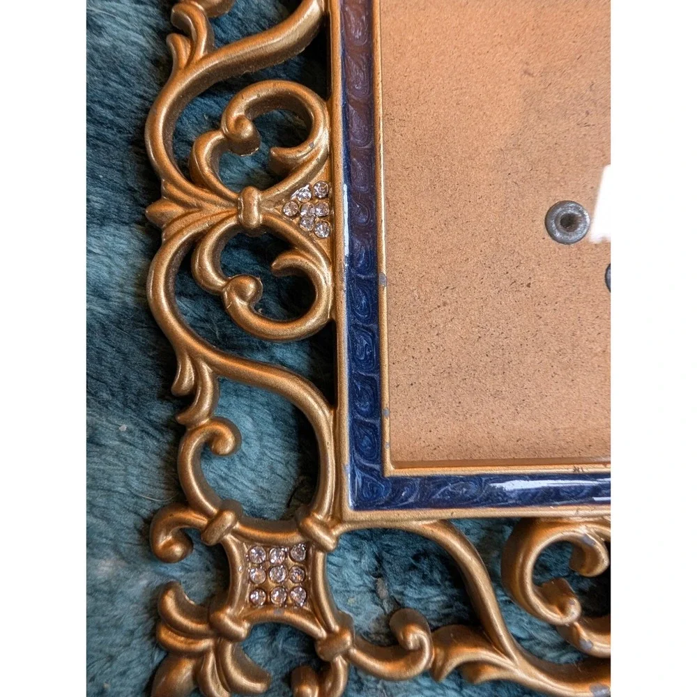 VTG 90s Ornate Gold Filigree Mini Pic Frame Blue Enamel Crystal Baroque Revival
